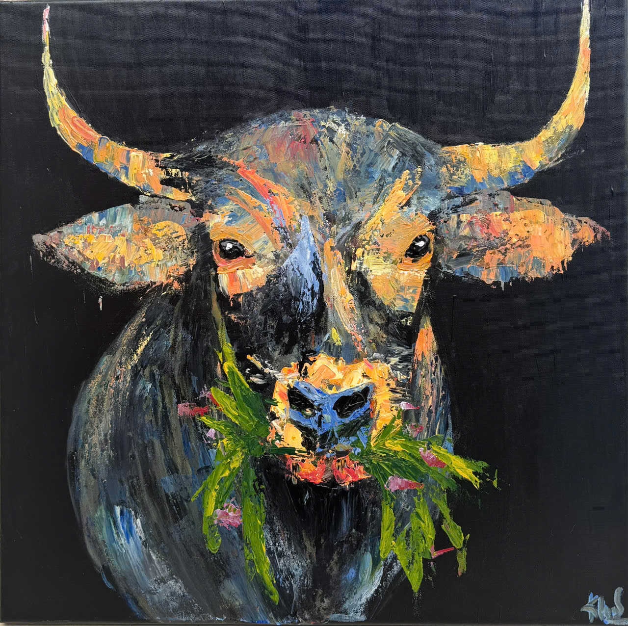 Tác phẩm Ngưu đồng” (Acrylic, 60x60cm) – Hình ảnh con trâu Việt gợi nhắc sự lam lũ, cần cù của cha ông của Khánh Hãy Vẽ