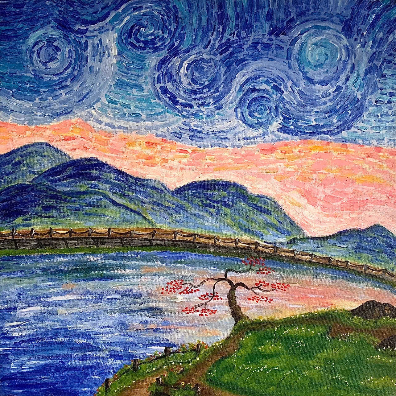 Tác phẩm “Hồ Phượng Hoàng” (Acrylic, 40x40cm) – Trực họa trong quân ngũ, khắc họa hoàng hôn trên Hồ Phượng Hoàng (Chí Linh).
