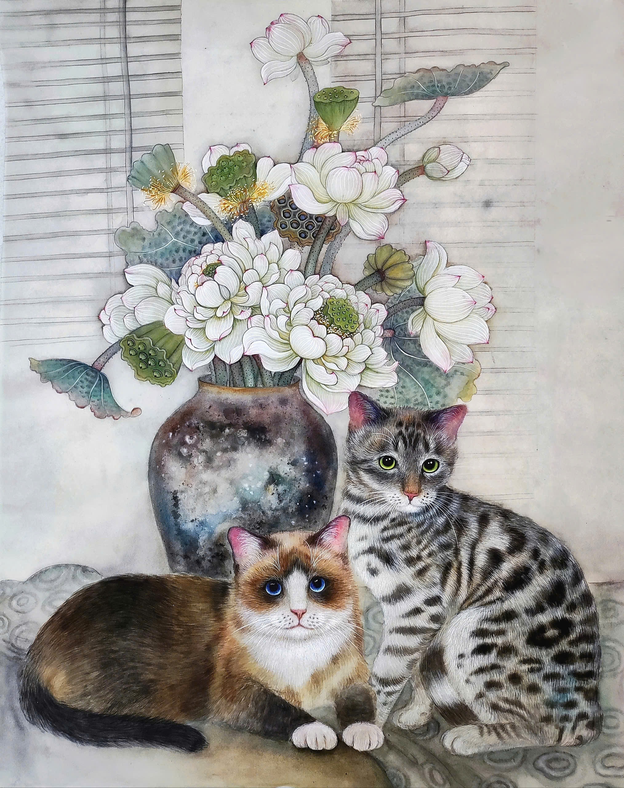 Tác phẩm “An Nhiên” trên nền chất liệu lụa của tác giả Nguyễn Nhật