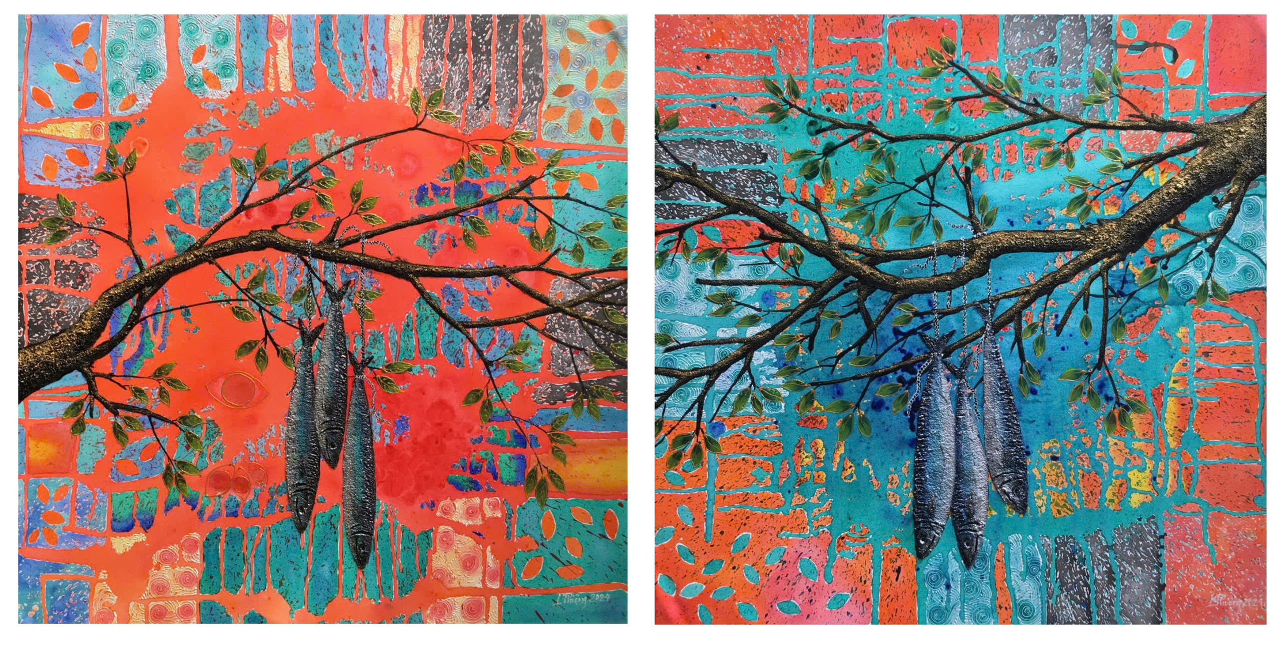 Những tác phẩm trong series “Cá gỗ” lại mang tính biểu tượng rõ rệt hơn, gợi nhắc đến hành trình vượt qua khó khăn